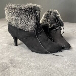 Ashro‎ Boots Womens Size 8.5 Ankle Stiletto Black Suede Fur Trimmed High Heel